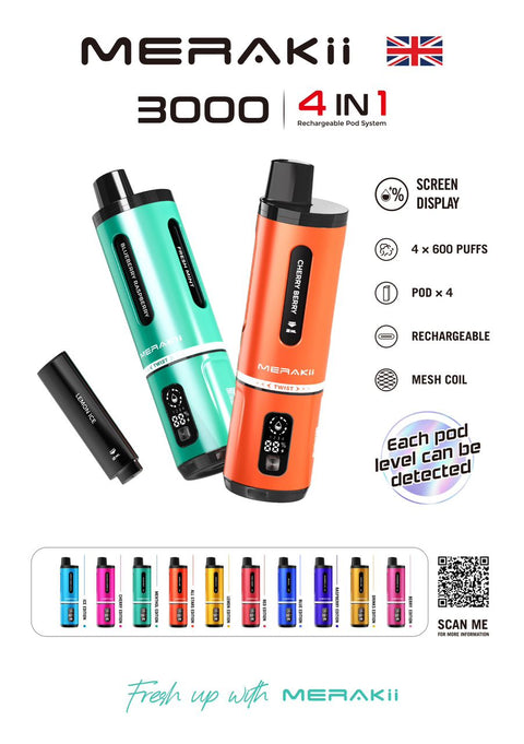 Buy Bulk Wholesale Merakii 3000 Puffs Disposable Vape 4 in 1 Pod System Kit Box of 10 - vapesourceuk