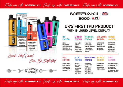 Buy Bulk Wholesale Merakii 3000 Puffs Disposable Vape 4 in 1 Pod System Kit Box of 10 - vapesourceuk