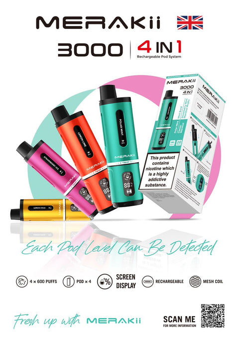 Buy Bulk Wholesale Merakii 3000 Puffs Disposable Vape 4 in 1 Pod System Kit Box of 10 - vapesourceuk