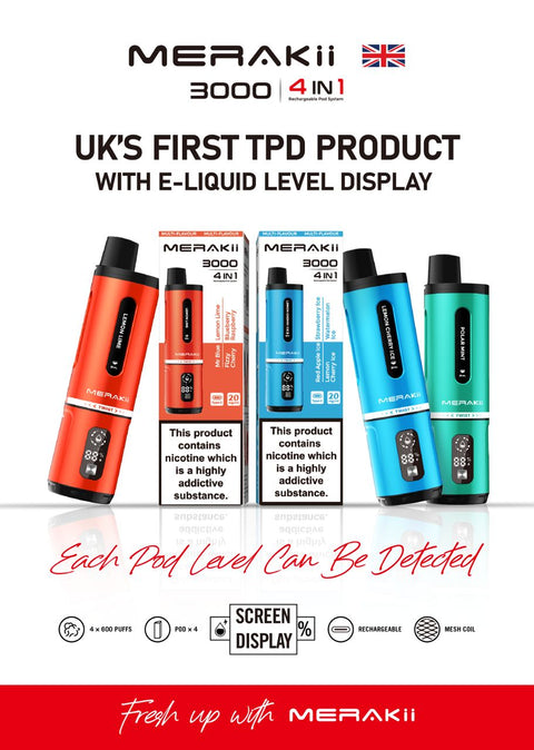 Buy Bulk Wholesale Merakii 3000 Puffs Disposable Vape 4 in 1 Pod System Kit Box of 10 - vapesourceuk