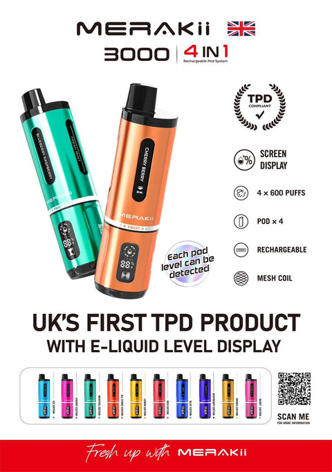 Buy Bulk Wholesale Merakii 3000 Puffs Disposable Vape 4 in 1 Pod System Kit Box of 10 - vapesourceuk